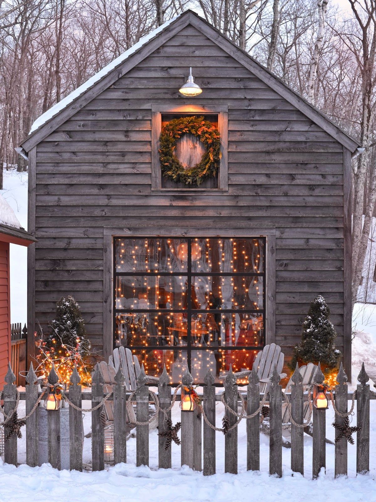 Christmas Lighted Tree Outside Winter Cabin Wallpapers