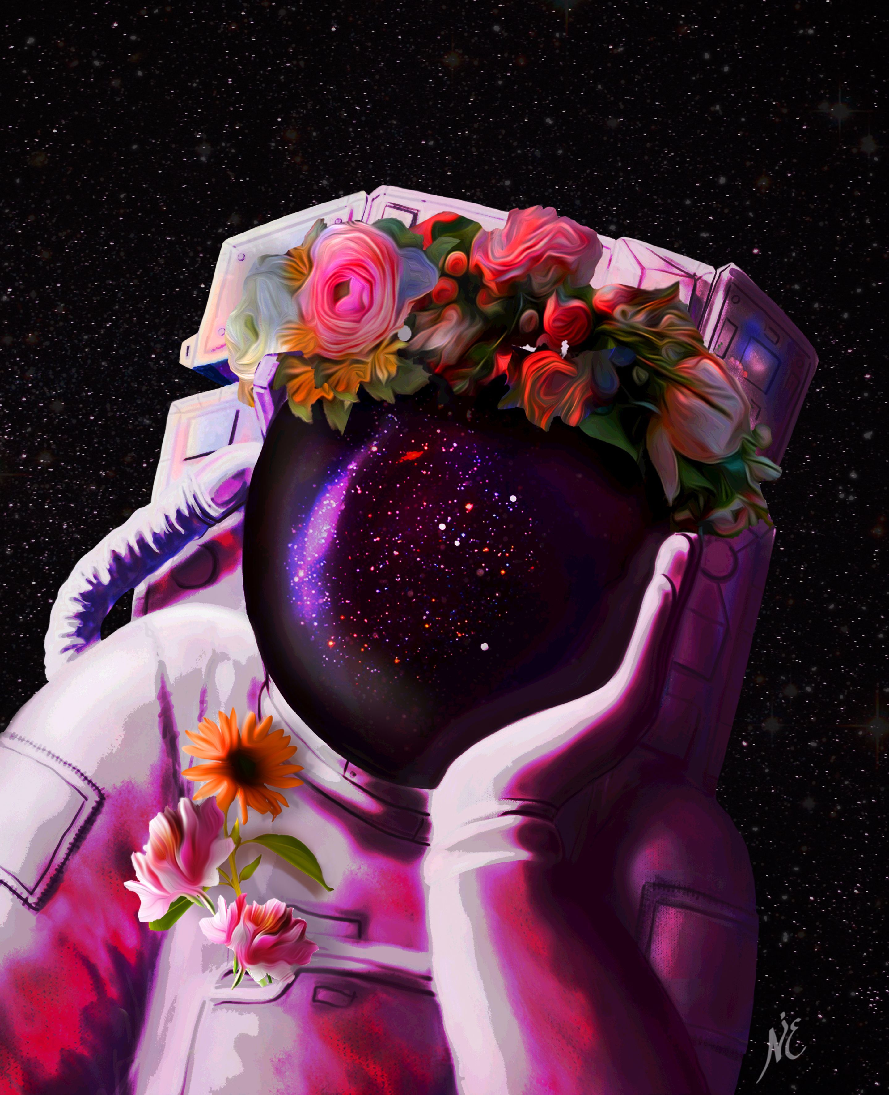 Astronaut Flowers Painting Wallpapers