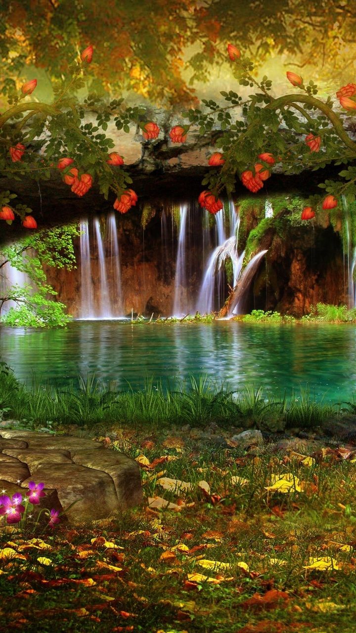 Waterfall And Flowers Wallpapers