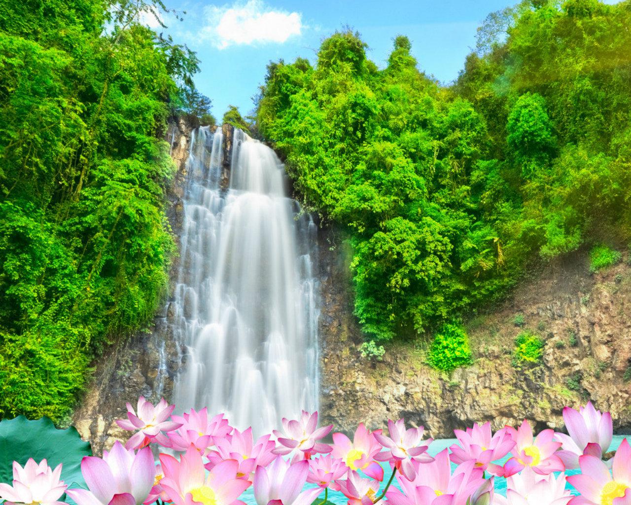 Waterfall And Flowers Wallpapers