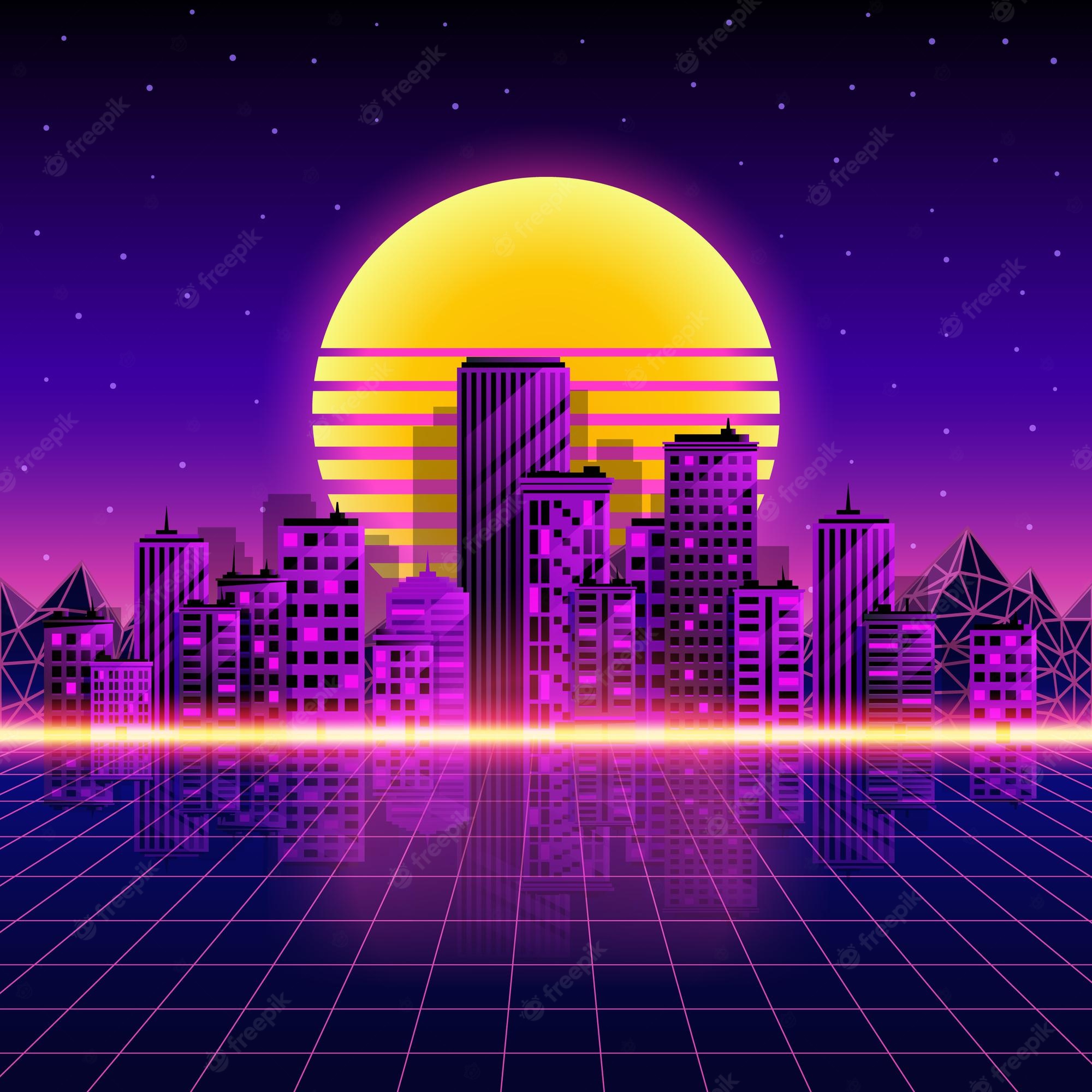 Retro Style City Purple Background