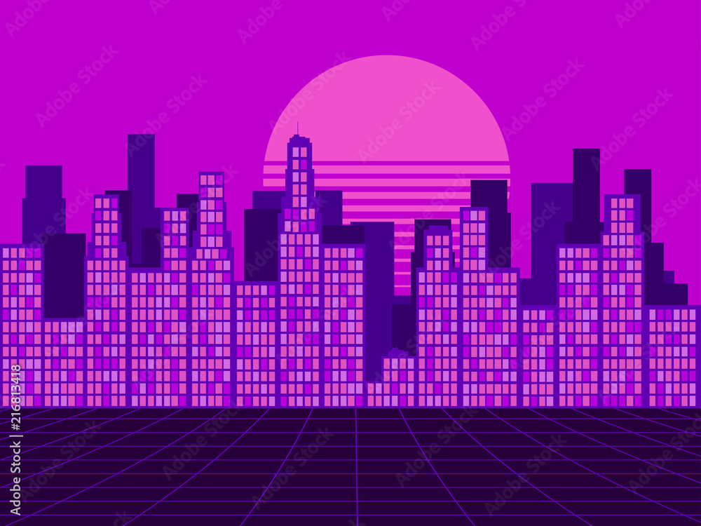 Retro Style City Purple Background