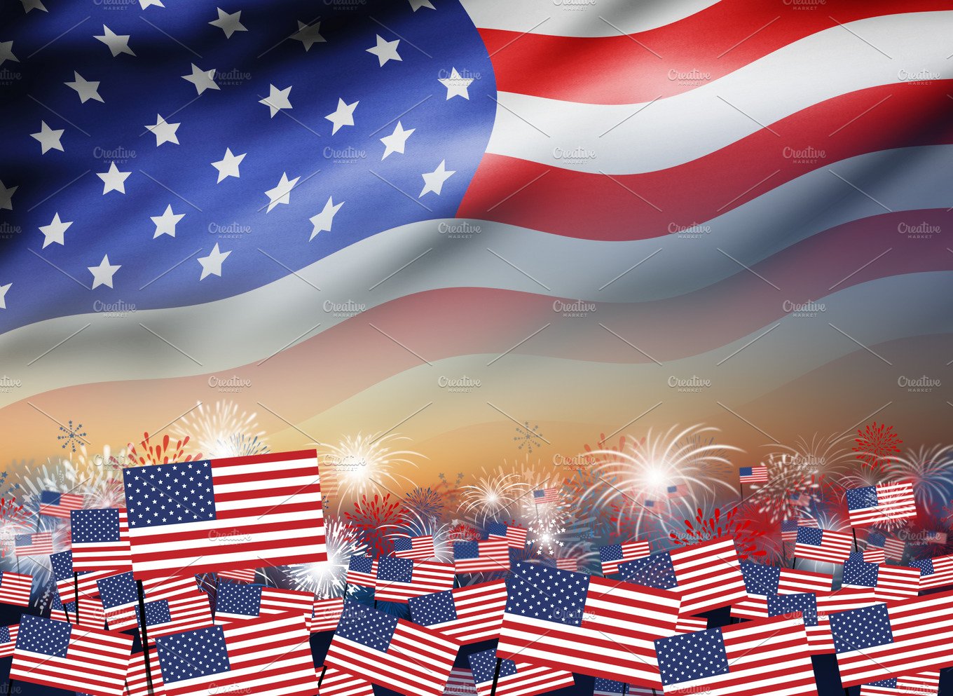 American Flag With Fireworks Background